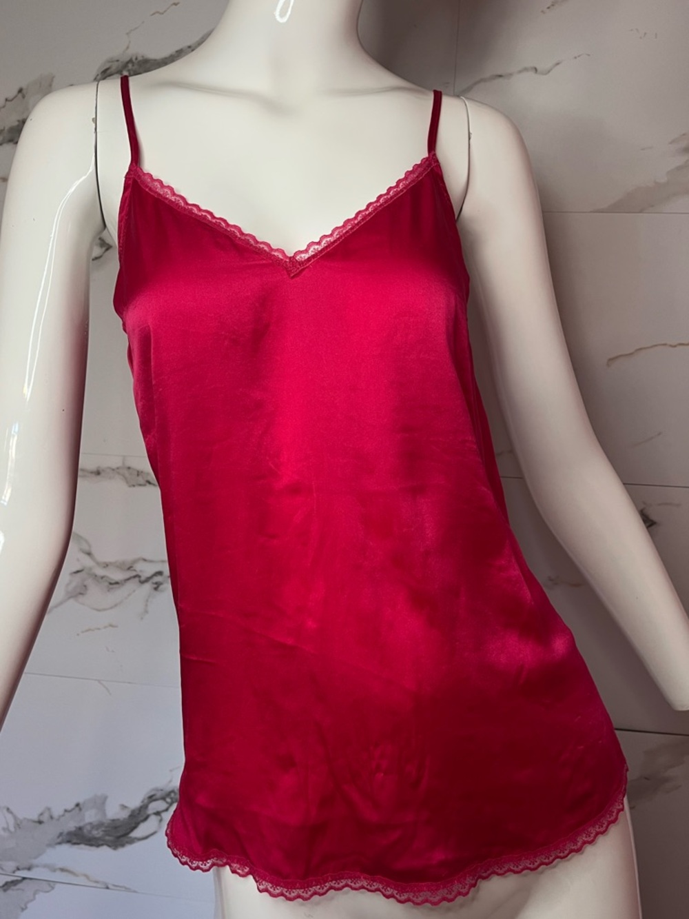 Anthropologie 100% Silk Lace Trim Pink Raspberry Delicate Cami Tank Size XS